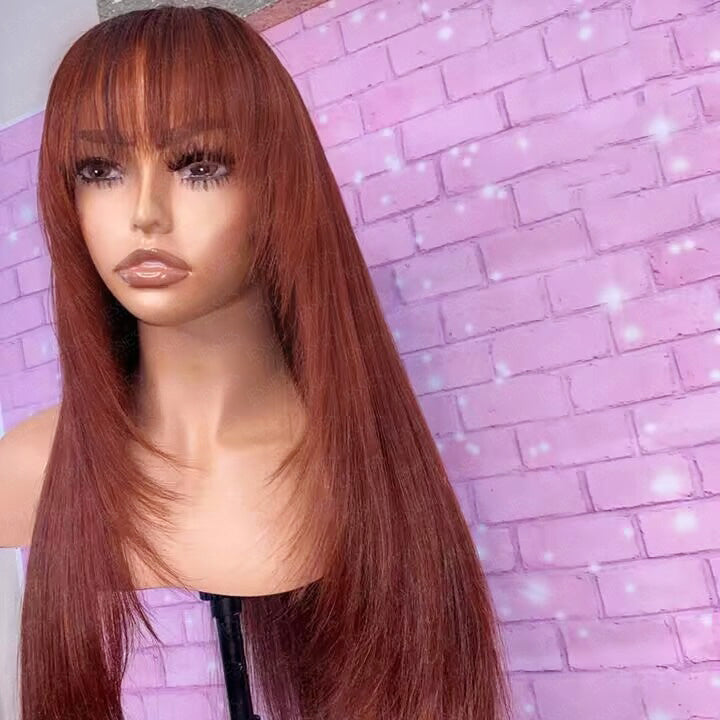 Pre Cut Lace Reddish Brown Straight Layer 13x4 lace Front Glueless Wig With Bangs Human Hair