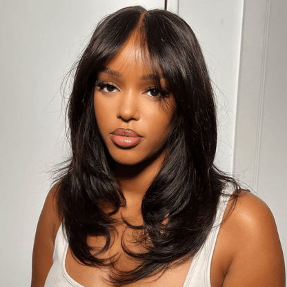 Put on & Go Long Natural Wavy Curtain Bangs Human Hair Lace Wig