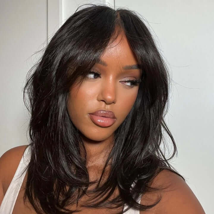 Elle Vane Natural Wavy Curtain Bangs Human Hair Lace Wig