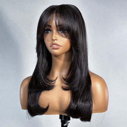 Put on & Go Long Natural Wavy Curtain Bangs Human Hair Lace Wig