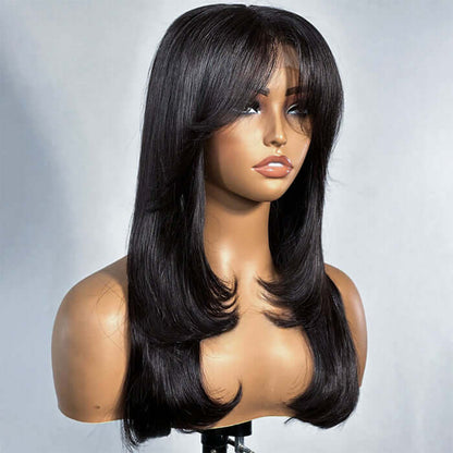 Put on & Go Long Natural Wavy Curtain Bangs Human Hair Lace Wig