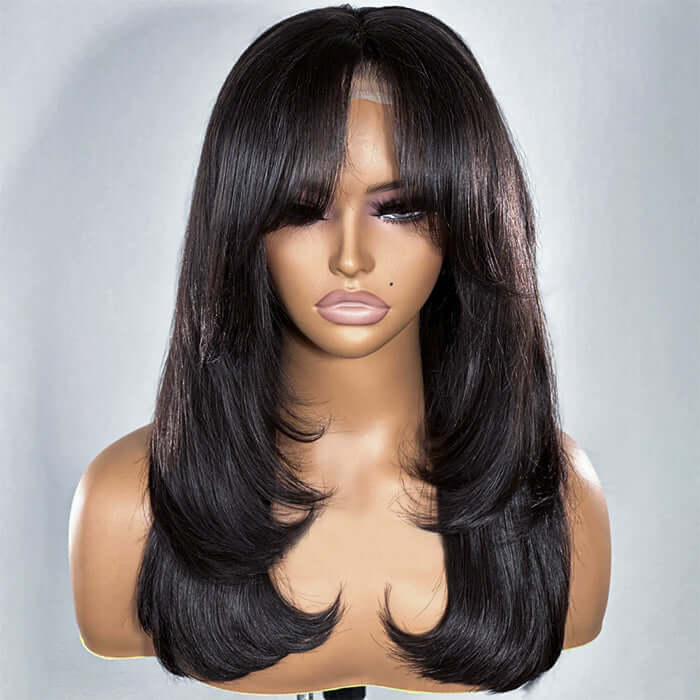 Put on & Go Long Natural Wavy Curtain Bangs Human Hair Lace Wig