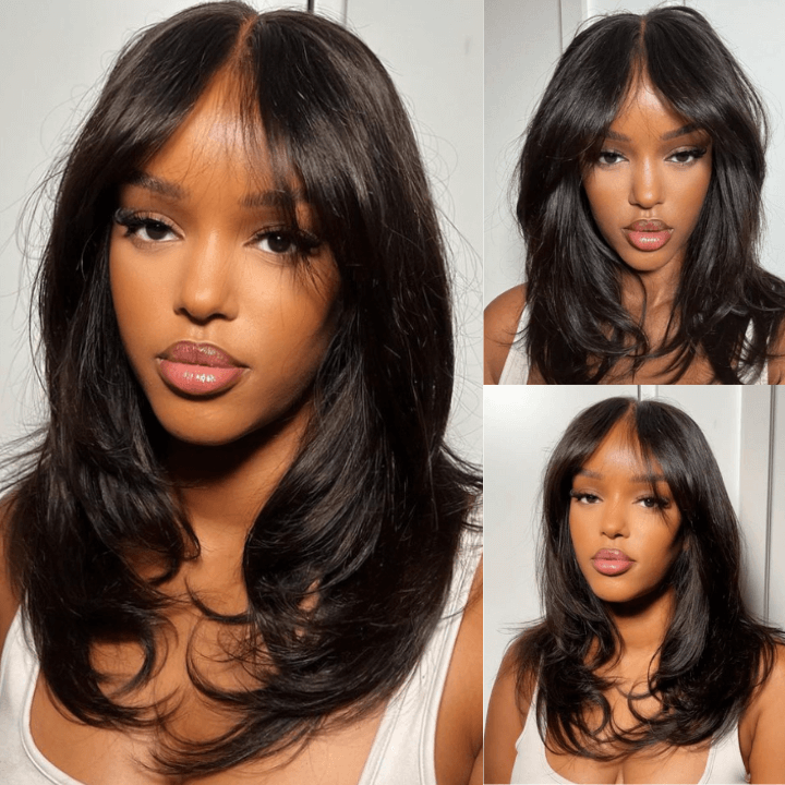 Put on & Go Long Natural Wavy Curtain Bangs Human Hair Lace Wig