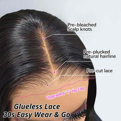 Put on & Go Long Natural Wavy Curtain Bangs Human Hair Lace Wig