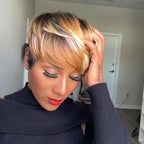 Short Bob Wig With Bangs Honey Blonde Brown Highlight 180% Density Glueless Human Hair