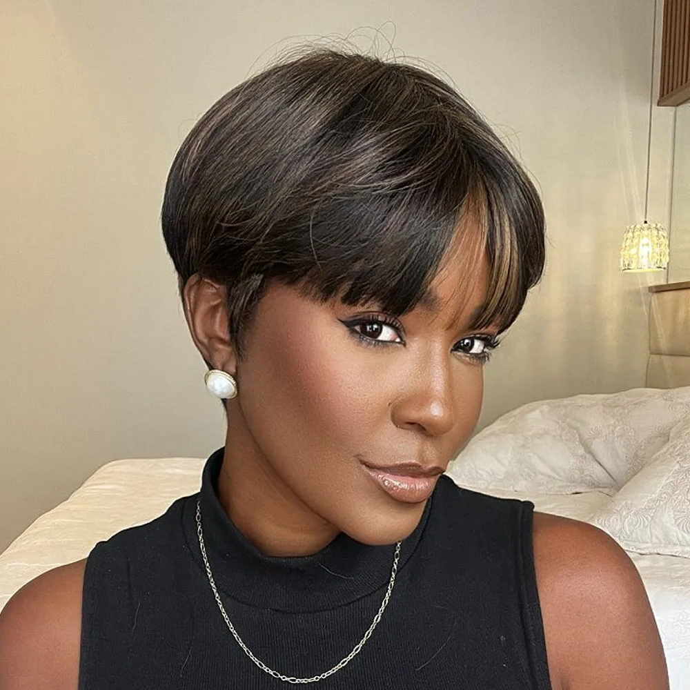 180% Density Pixie Cut Wig Blonde Highlight Glueless 100% Human Hair