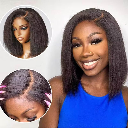 5x5 Kinky Straight 4C Kinky Edges Pre Cut Lace Short Bob Wig