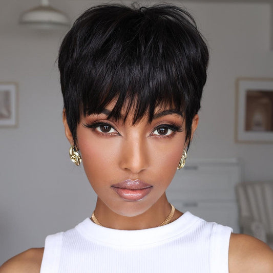 Put On & Go Natural Black Short No Lace Pixie Cut Wig With Bangs