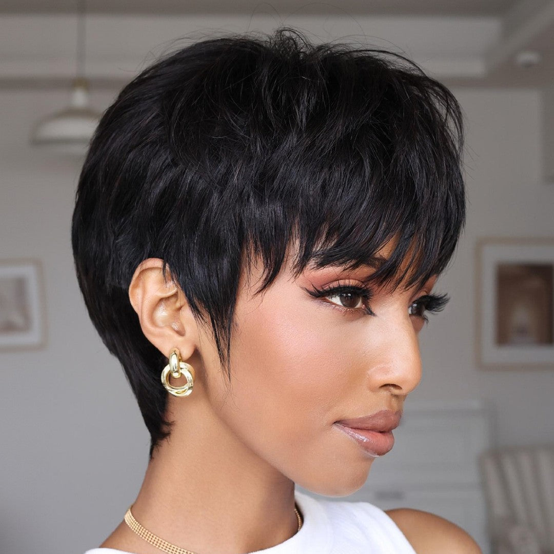 Elle Vane Put On & Go Natural Black Short Pixie Cut Wig With Bangs