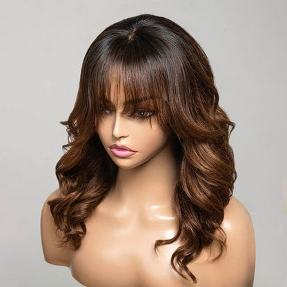 Glueless Wigs Ombre Chestnut Brown Layered Wavy Wigs With Bangs Closure 5x5 Lace Wig