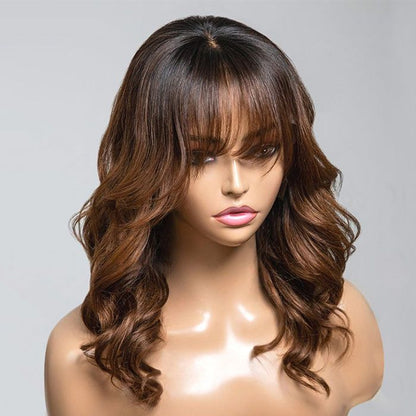 Glueless Wigs Ombre Chestnut Brown Layered Wavy Wigs With Bangs Closure 5x5 Lace Wig