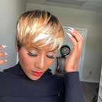 Short Bob Wig With Bangs Honey Blonde Brown Highlight 180% Density Glueless Human Hair