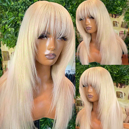 613 Blonde Lace Wolf Cut Layered Straight Glueless Wig With Bangs Lightweight Human Hair Wig