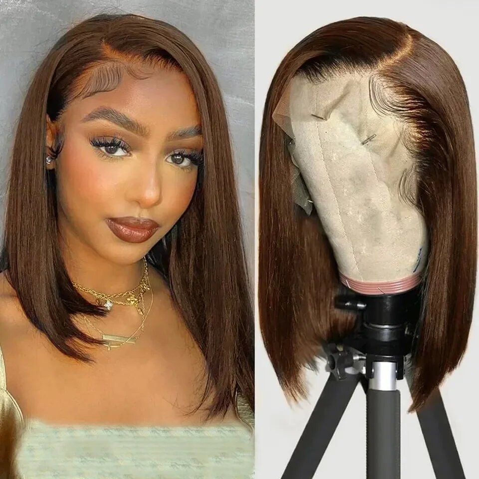 13x4 lace Brown Wig Human Hair Short Bob Wig Straight Hairstyle Colored Bob Wig