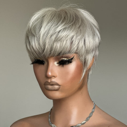 Ash Grey Layered Pixie Cut Glueless Human Hair Wig With Bangs