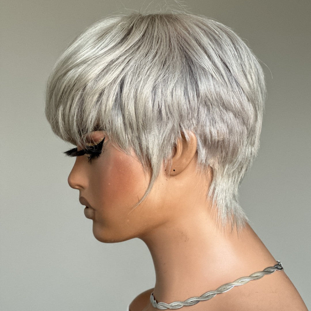 Ash Grey Layered Pixie Cut Glueless Human Hair Wig With Bangs
