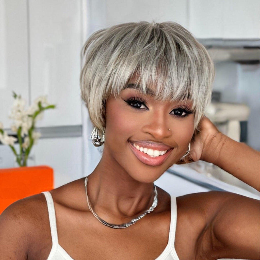 Ash Grey Layered Pixie Cut Glueless Human Hair Wig With Bangs