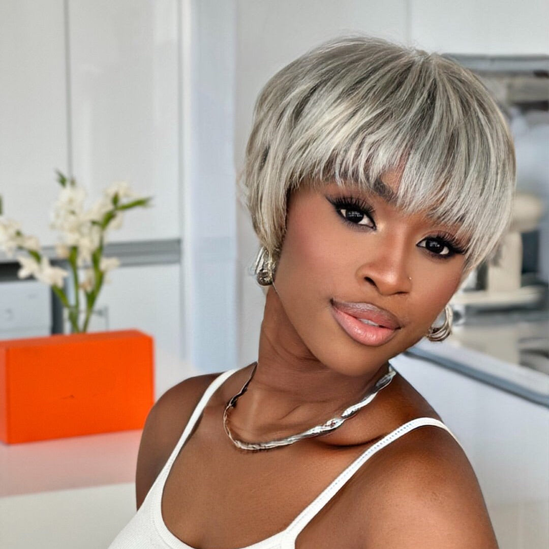 Ash Grey Layered Pixie Cut Glueless Human Hair Wig With Bangs