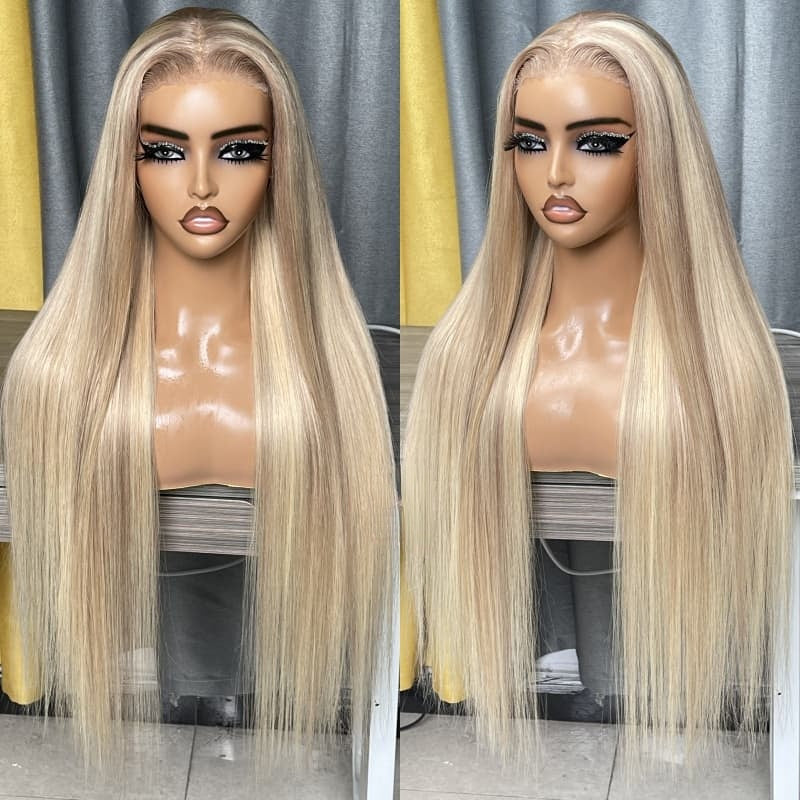 Barbie Blonde With Brown Highlights Wig 13x4 Lace Front Wigs Straight  Bob