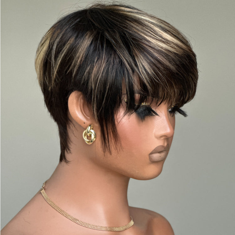 Elle Vane Put On & Go Gold Highlight Short Pixie Cut Wig with Bangs