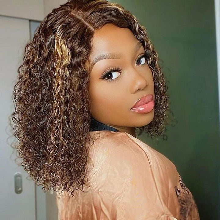 Highlight Honey Brown Curly Bob 5x5 Lace Glueless Wigs Human Hair