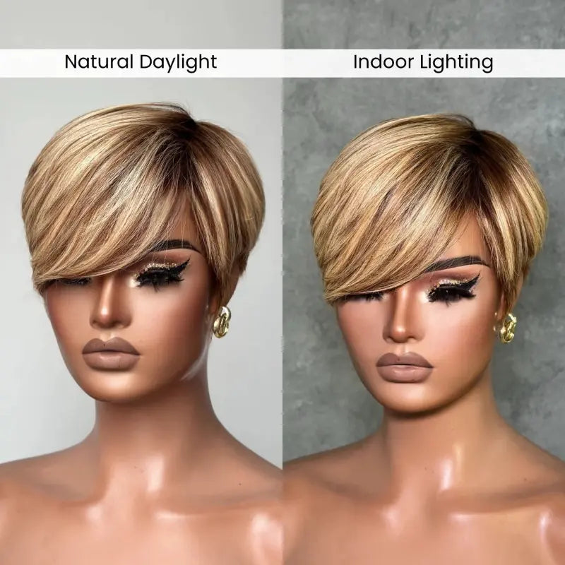 Elle Vane Glueless Blonde Highlights Short Pixie Cut Wig With Side Bangs