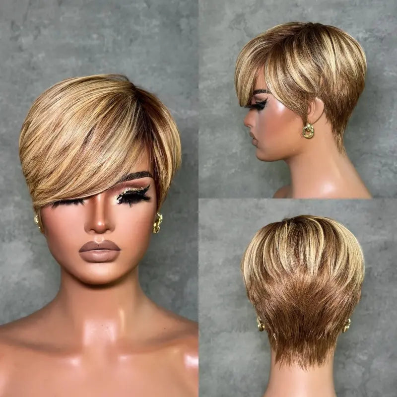 Elle Vane Glueless Blonde Highlights Short Pixie Cut Wig With Side Bangs