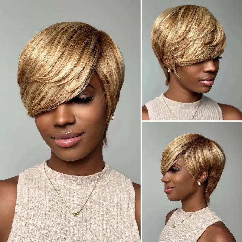 Elle Vane Glueless Blonde Highlights Short Pixie Cut Wig With Side Bangs