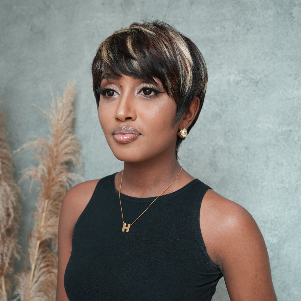 Elle Vane Put On & Go Gold Highlight Short Pixie Cut Wig with Bangs