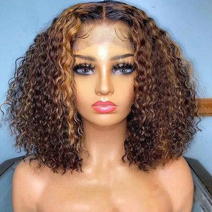 Highlight Honey Brown Curly Bob 5x5 Lace Glueless Wigs Human Hair