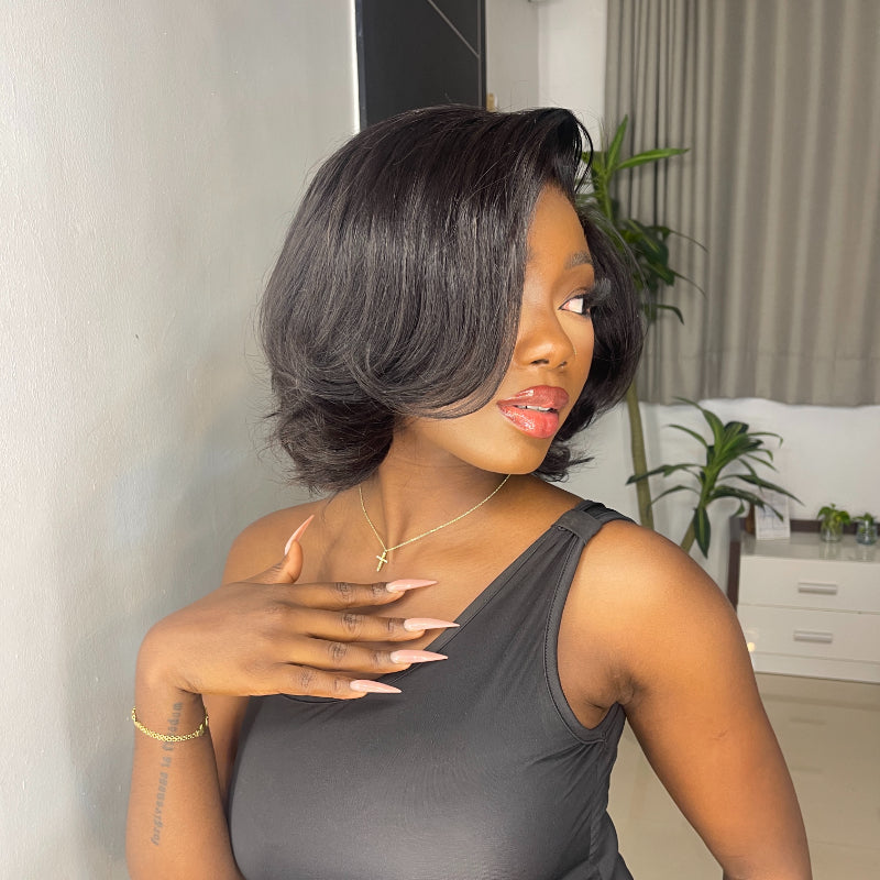 Elle Vane Natural Black Designer Layered Bob Short Wavy Lace Wig