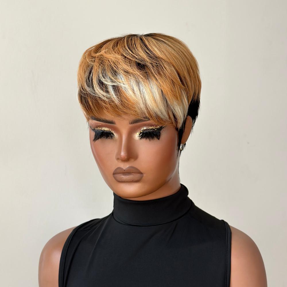 Short Bob Wig With Bangs Honey Blonde Brown Highlight 180% Density Glueless Human Hair