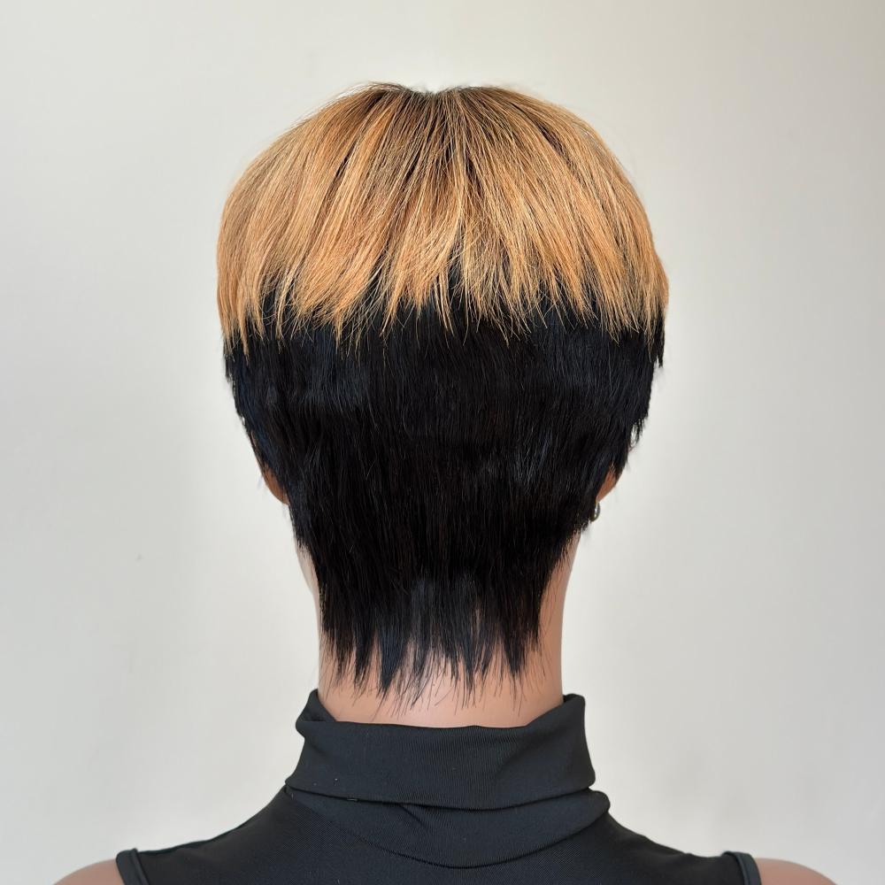 Short Bob Wig With Bangs Honey Blonde Brown Highlight 180% Density Glueless Human Hair