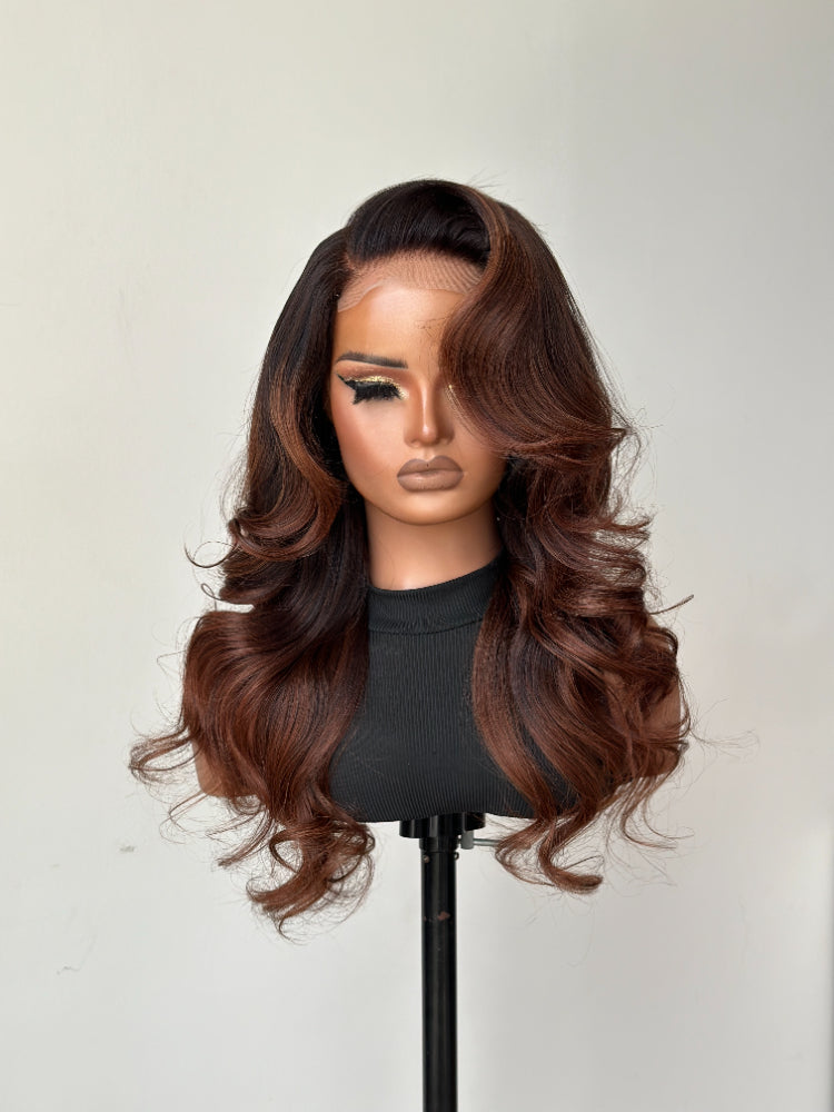 Elle Vane Luxurious Gradient Golden Brown Highlights Layered Body Wave Lace Closure Wig