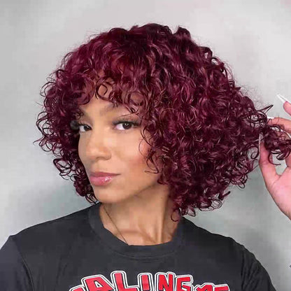 Beginner Friendly Dark Red Water Wave Glueless Wig With Bangs