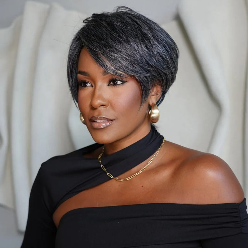 Elle Vane Glueless Salt and Pepper Pixie Cuts Human Hair Wig