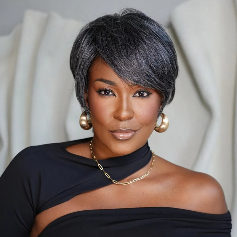 Elle Vane Glueless Salt and Pepper Pixie Cuts Human Hair Wig