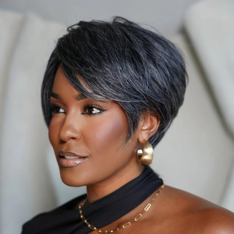 Elle Vane Glueless Salt and Pepper Pixie Cuts Human Hair Wig