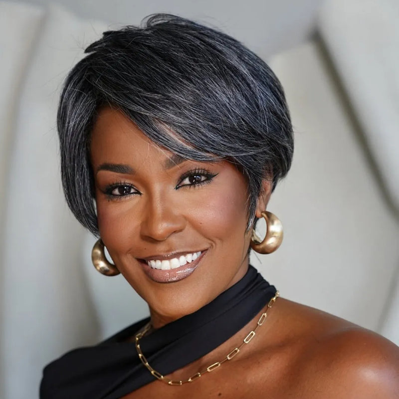 Elle Vane Glueless Salt and Pepper Pixie Cuts Human Hair Wig