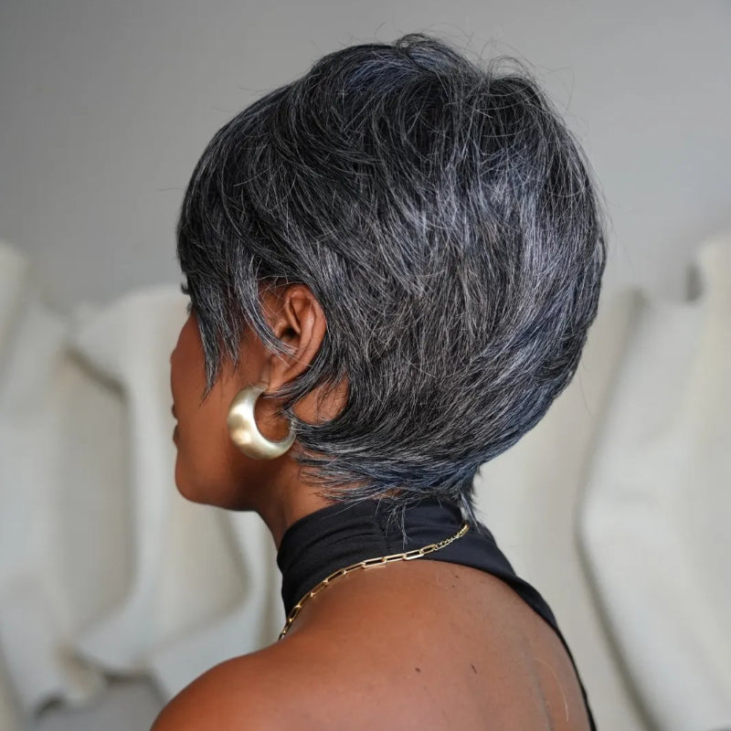 Elle Vane Glueless Salt and Pepper Pixie Cuts Human Hair Wig