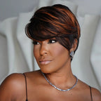 Elle Vane Glueless Brown Highlight Side Part Layered Pixie Cut Wig