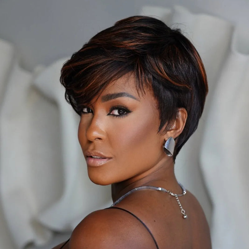 Elle Vane Glueless Brown Highlight Side Part Layered Pixie Cut Wig