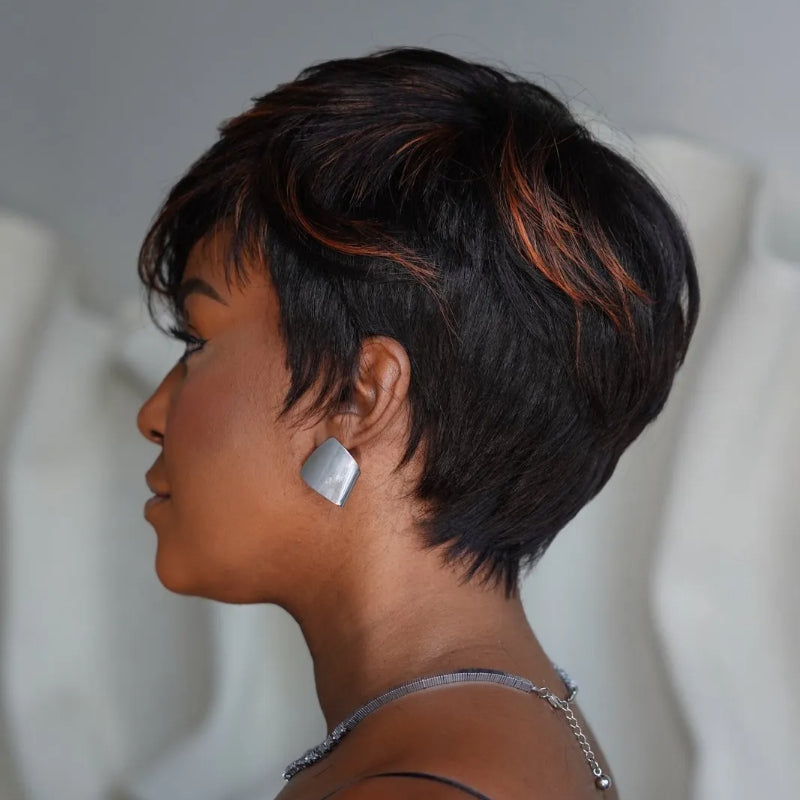 Elle Vane Glueless Brown Highlight Side Part Layered Pixie Cut Wig