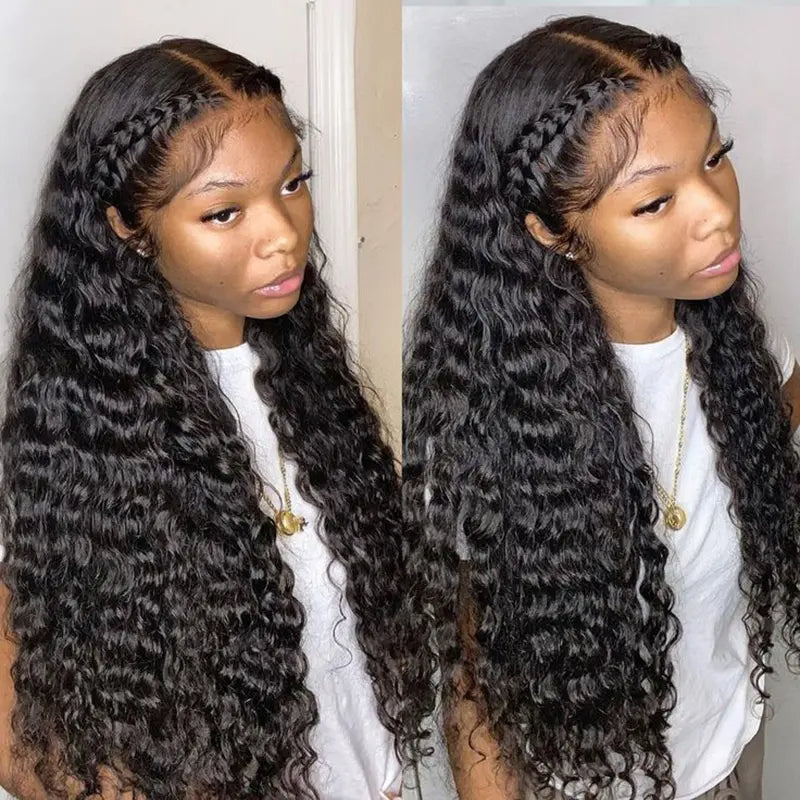 Deep Wave Wig Natural Black 13x4 lace Front 180% Density Wig