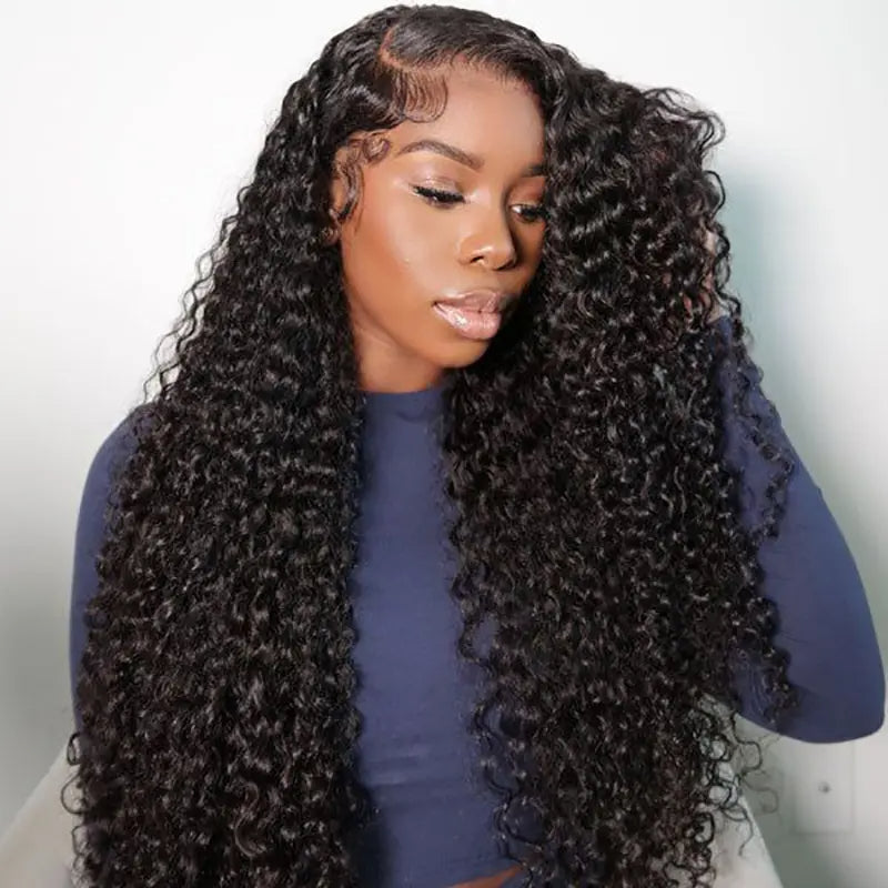 Deep Wave Wig Natural Black 13x4 lace Front 180% Density Wig