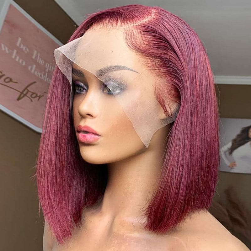 99j Burgundy Color Straight Lace Bob Wig 100% Human hair Pre-Plucked Wig