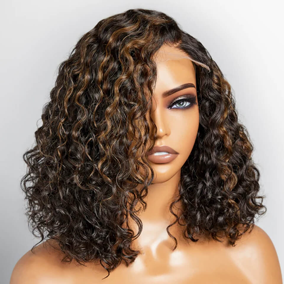 Elle Vane Casual Blonde Highlights 13x4 Curly Lace Short Bob Wig