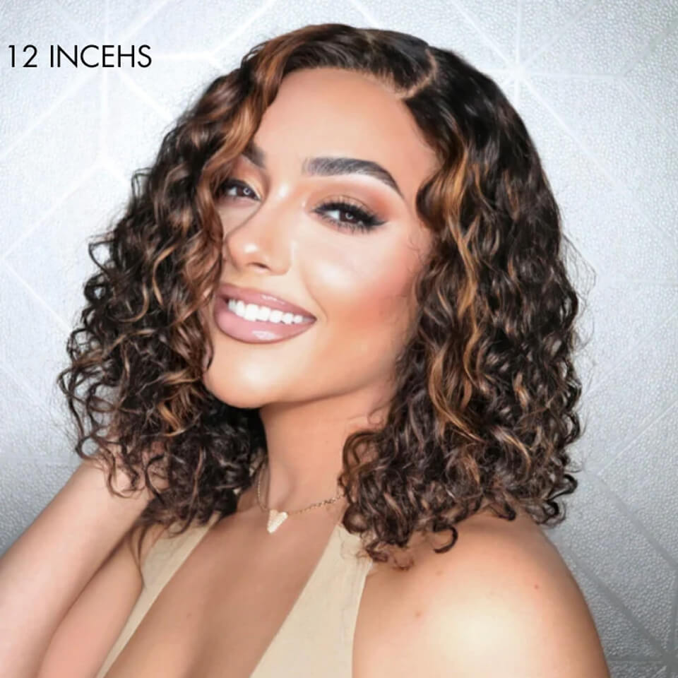Elle Vane Casual Blonde Highlights 13x4 Curly Lace Short Bob Wig