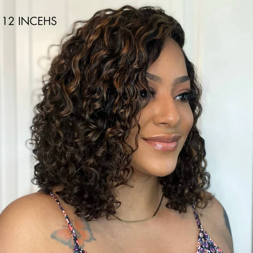 Elle Vane Casual Blonde Highlights 13x4 Curly Lace Short Bob Wig