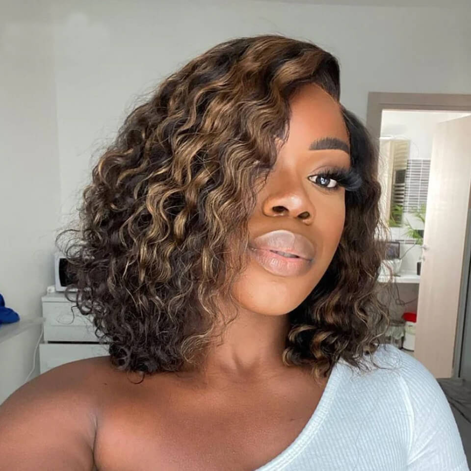 Elle Vane Casual Blonde Highlights 13x4 Curly Lace Short Bob Wig